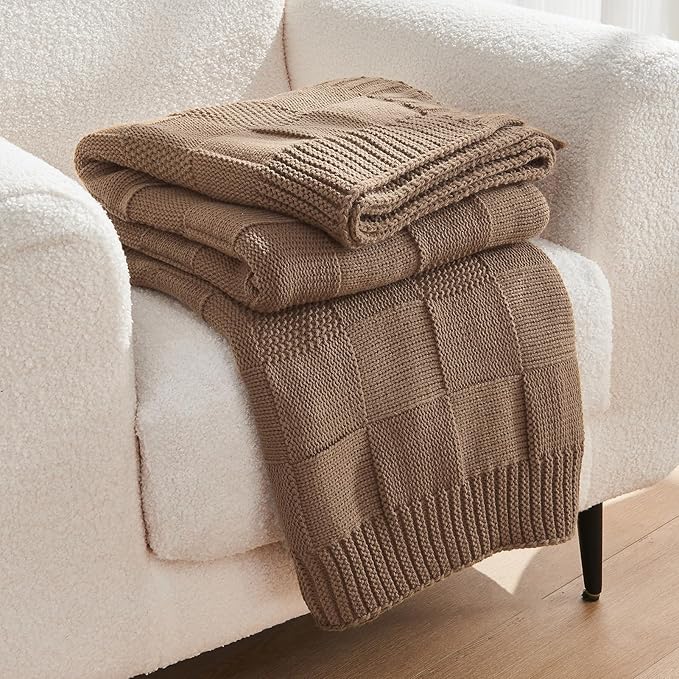 CozeCube Check Knit Throw Blanket, Light Brown Checkered Throw for Couch, Decorative Christmas Soft Cozy Warm Knitted Blanket for Bed Sofa Living Room, 60"X80"
