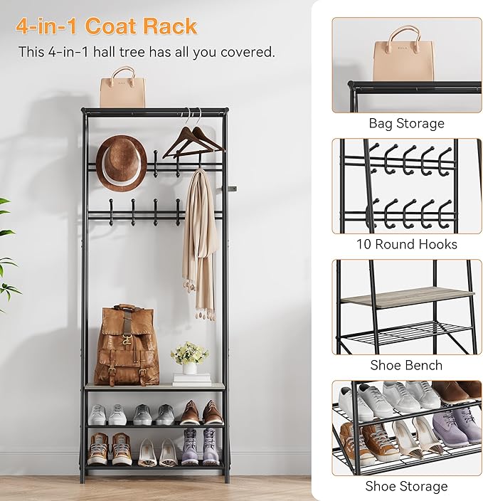 Coat Rack Hall Tree with Shoe Storage Bench, 4-in-1 Entryway Bench with 6 Hooks & 3-Tier Shoe Rack, Metal Frame for Entryways, Freestanding Coat Racks Storage for Entryway, Hallway, Front Door