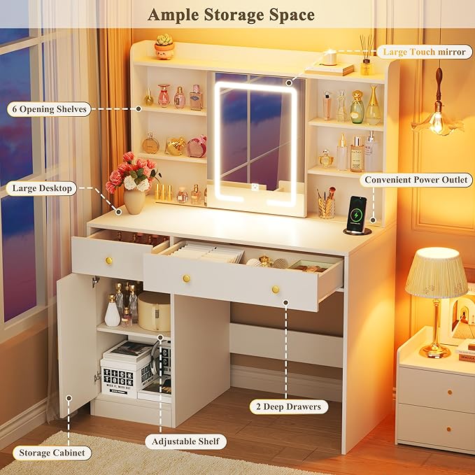 Vanity Desk with Mirror and Lights, 37" Makeup Vanity Desk with LED Lighted Mirror, Power Outlet, White Vanity with Storage Cabinet, 2 Drawers & 6 Shelves for Bedroom