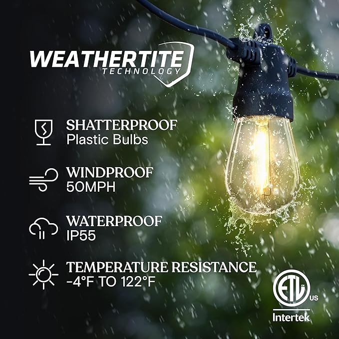 Brightech Ambience Pro Solar Powered Outdoor String Lights - Commercial Grade Patio Lights with 27 Ft Edison Bulbs - Shatterproof LED Solar String Lights - 1W LED, Warm White Light