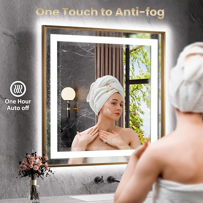 Amorho 36"X30" LED Bathroom Mirror Gold, Metal Framed Mirror with Front Light and Backlit, Stepless Dimmable, Anti-Fog, Shatter-Proof, Memory, 3 Colors