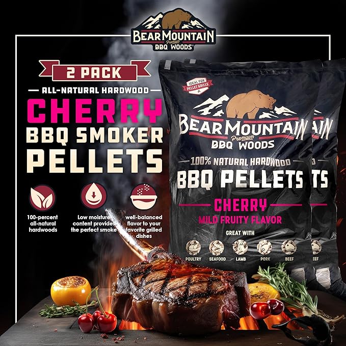 Bear Mountain 2-Pack All Natural Wood Pellets for Smoker, Grill & BBQ, 20 Lbs, Cherry - Premium Hardwood Barbecue Pellets for Indoor and Outdoor Grilling