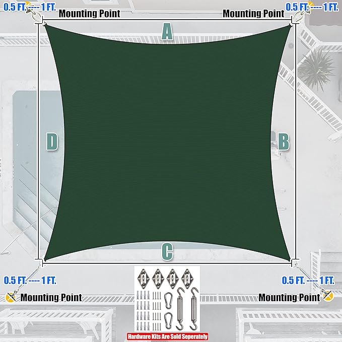 Amgo Custom Size 14' x 14' Green Rectangle Square Sun Shade Sail UPF50+ AGTAPR1620, Order to Make Canopy Awning, 95% UV Blockage, Water & Air Permeable, Commercial and Residential (We Customize)