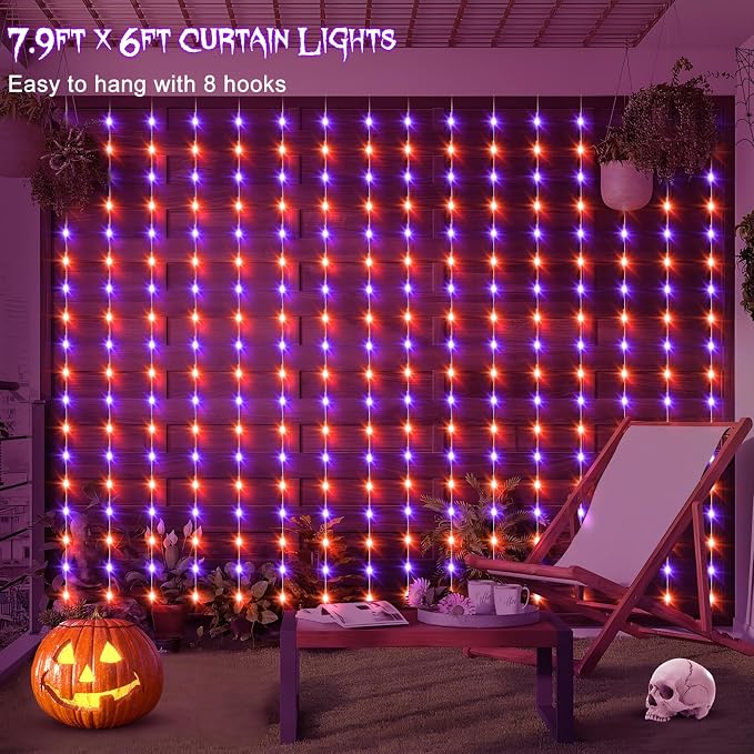 echosari Solar Halloween Curtain Lights Outdoor, 7.9ft x 6ft 144 LED Orange Purple Curtain Lights with 8 Modes Timer Waterproof for Indoor Outdoor Patio Fence Halloween Tree Party Decor