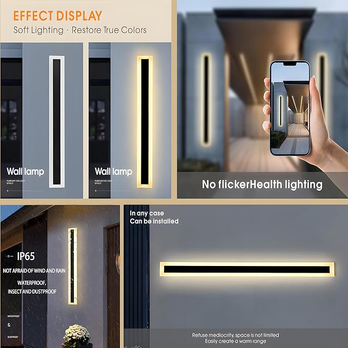 47.2inch-2Pack Long Outdoor Modern LED Wall Light,38W Waterproof IP65 Warm White 110V led Wall Mount Lighting Fixture Rectangular Black Wall Lights Elegant Frosted White Acrylic Anti Rust