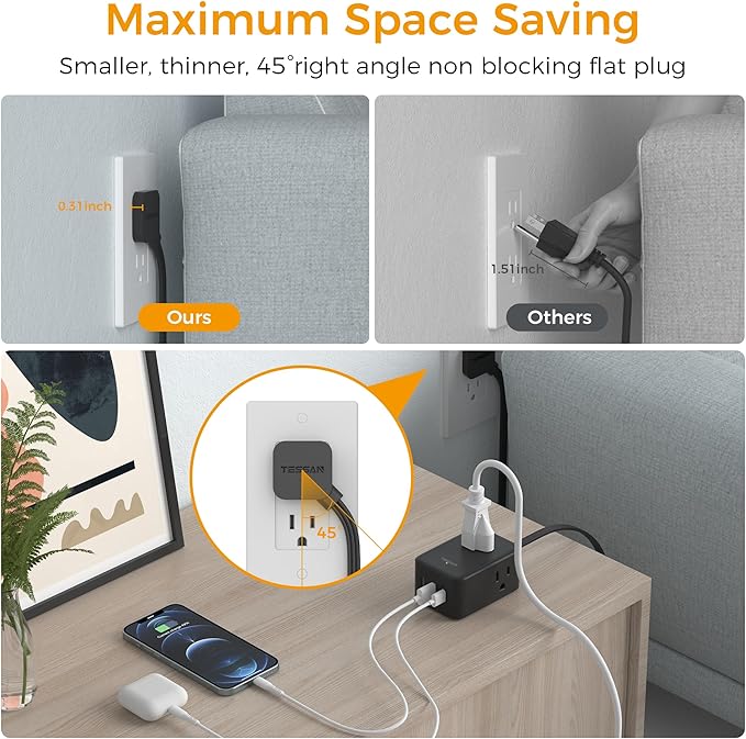Flat Black Extension Cord, TESSAN Ultra Thin Power Strip with 3 USB Wall Charger (1 USB C), 3 Outlets Small Charging Station, 5 ft Slim Plug for Cruise Travel Office School Dorm Room Essentials