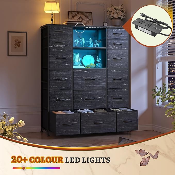 EnHomee 51" H Dresser with 15 Drawers Dresser for Bedroom with Charging Station & LED Lights & Hutch Sturdy Black Bedroom Dressers, Steel Frame, Wood Top, 51.2" H x 39.3" W x 11.8" D