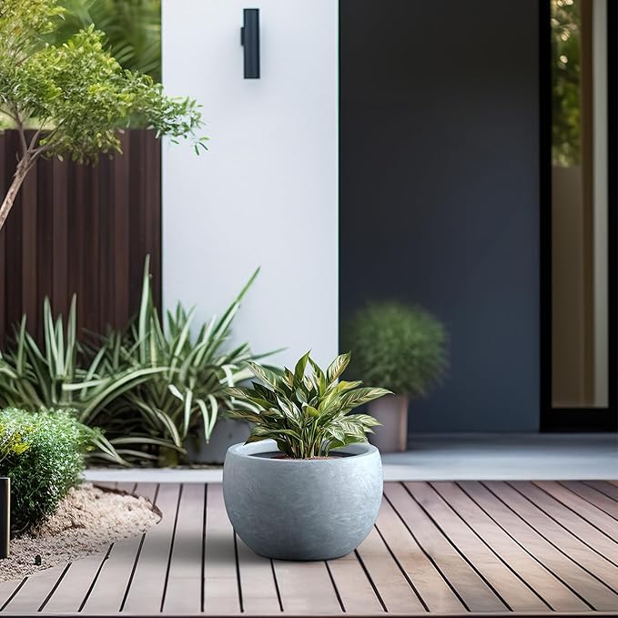 Kante 15.7" Dia Round Concrete Planter, Outdoor/Indoor Large Bowl Plant Pots with Drainage Hole and Rubber Plug for Garden Patio Balcony Home, Slate Gray