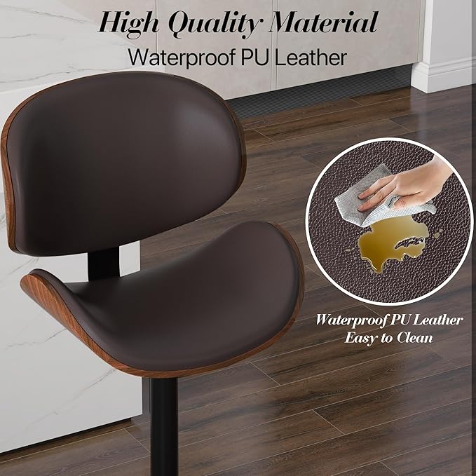 Adjustable Swivel Bar Stools 1 PC, Modern Bentwood Barstool with Large Metal Base and Footrest, PU Leather Upholstered Bar Chair with Curved Back for Kitchen Island Dining Room, Brown