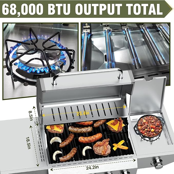 BESTFIRE 68,000 BTU 5+1 Burner Propane Grill - Stainless Steel BBQ with 647 sq in UPGRADED OIL-DRAIN Plates, Cast Iron Grates, Side Burner + FREE Food Clip for Outdoor Cooking