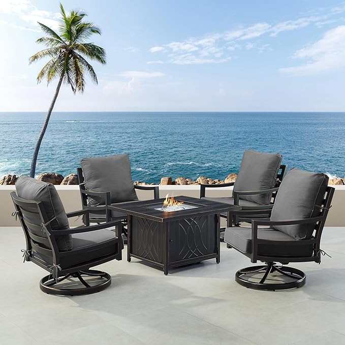 Oakland Living Black Aluminum Patio Fire Table Set with Four Club Chairs with Black Cushions
