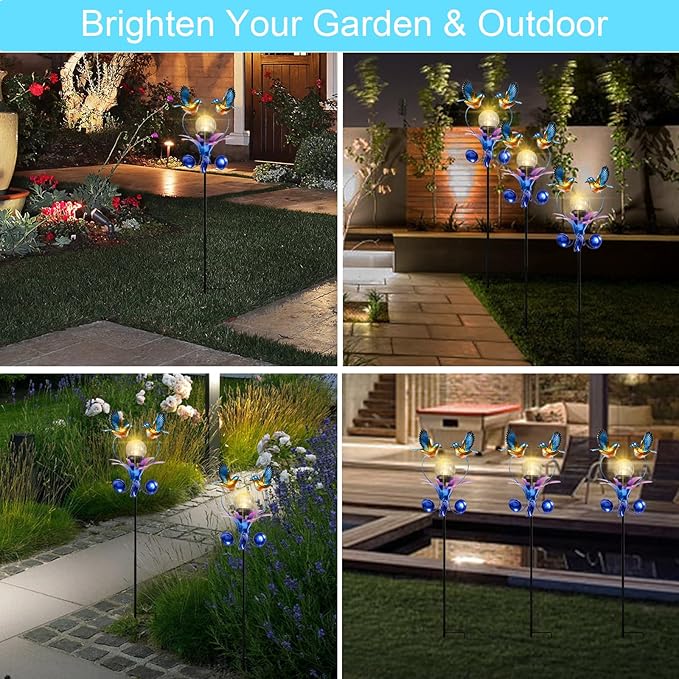 VCUTEKA Solar Lights Outdoor Metal Garden Stake Waterproof Crackle Glass Globe Garden Decor Blue Jay Bird for Pathway, Lawn, Patio, Yard