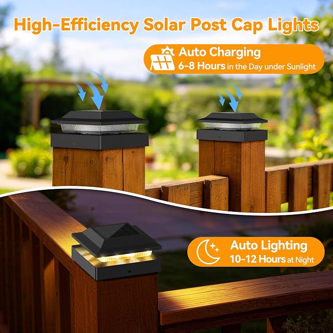 Solar Post Cap Lights 6-Pack, IP65 Waterproof Fence Post Solar Lights for 4x4 Wood/Vinyl Posts, Outdoor Post Lights with 2 Color Modes Decorate Garden Patio Porch Backyard, Black