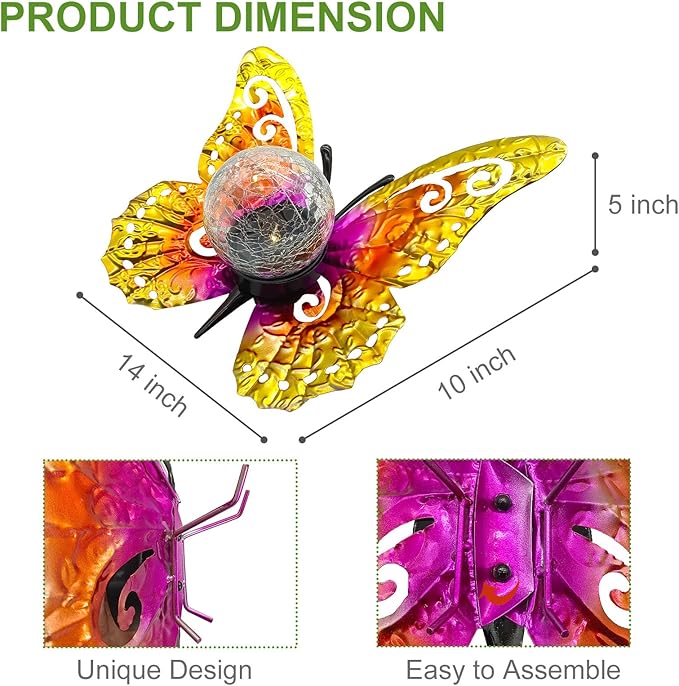Solar Lights Outdoor Garden Butterfly Decor, Metal Butterfly Statue Decoration with LED Crackle Glass Globe, Solar Powered Lighted Garden Art Decor for Patio Lawn Yard Pathway Tabletop Ground