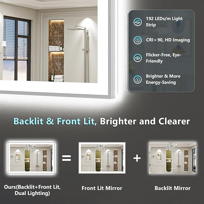 55x30 Brushed Nickel LED Bathroom Mirror with Lights, Sliver Framed Backlit and Front Lit Anti-Fog Lighted Vanity Mirrors for Bathroom Wall, Dimmable, 3 Colors, Memory, Tempered Glass, CRI＞90
