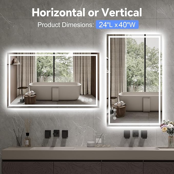 LED Bathroom Mirror 24x40 Inch Anti-Fog Bathroom Mirror with Lights, Wall Mounted Lighted Vanity Mirrors, Dimmable, Backlit + Front Lit, Smart Bathroom Vanity Mirror with 3 Colors Temperature