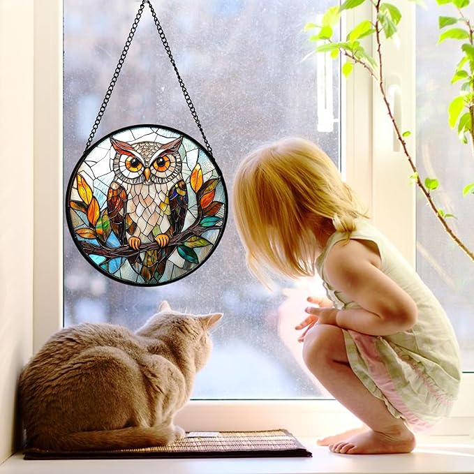 Stained Glass Window Hanging, Owl Colorful Leaves Birds Sun Catchers Diamond Glass Panel Hangings Suncatcher Decor for Birthday for Women, Men, Wife, Aunt, and Mom 9.8 in