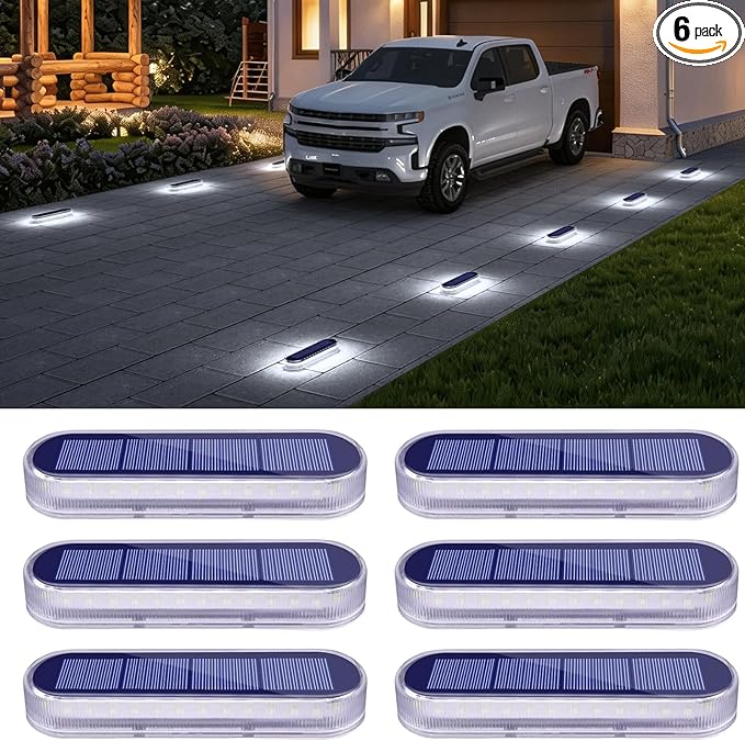 Honalia Solar Powered Driveway Lights, 6 Pack IP68 Waterproof Solar Dock Deck Lights Outdoor, White Stick on Markers Lights for Step, Stair, Sidewalk, Garden, Pathway, Patio, Walkway, Pool