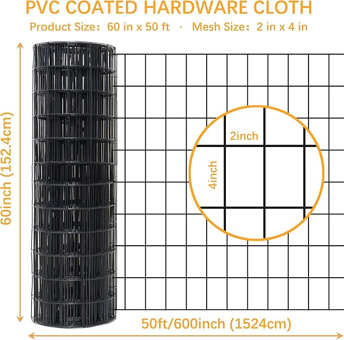 Black Metal Garden Fence, 60inch(H) x 50ft(L), 2 inch x 4 inch,12.5GA 2/3/4/5/6 Ft Tall Chicken Wire PVC Coated Welded Wire Mesh Roll for Dogs Border Yard Vegetable Plant Protection Poultry Netting