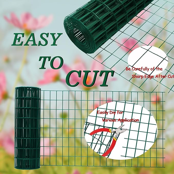 Green Metal Garden Fence, 72inch(H) x 50ft(L), 2 inch x 4 inch,12.5GA 2/3/4/5/6 Ft Tall Chicken Wire PVC Coated Welded Wire Mesh Roll for Dogs Border Yard Vegetable Plant Protection Poultry Netting