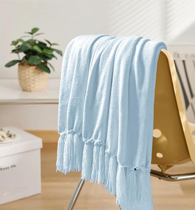 Chenille Throw Blanket for Couch 60"X 80" Twin, Soft Cozy Throws with Fringe Tassel for Bed Sofa Chair Cover, Lightweight Knitted Decorative Boho Blankets for Living Room, Light Blue