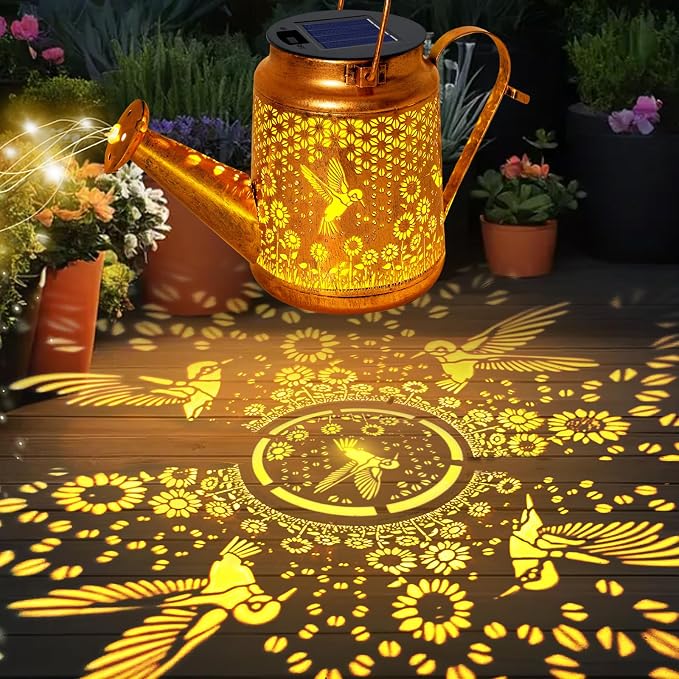 Hummingbird Solar Lights Outdoor Waterproof, Birthday Gifts for Christmas Mom Grandma Women, Solar Watering Can Lights with Shepherd Hook, Metal Hanging Lantern Garden Decor Yard Outside Patio Lawn