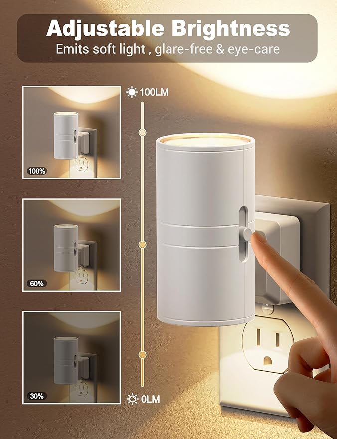 JandCase Night Lights Plug into Wall, Dimmable Night Light Plug in, Modern Night Light Dusk to Dawn Light Sensor, Warm White 3000K, 0-100LM Adjustable Brightness Nightlight for Hallway Bedroom, 4 Pack