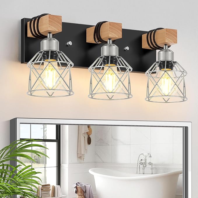 FadimiKoo 3-Light Wood Bathroom Light Fixtures Over Mirror, Rustic Black Silver Famhourse Sconces Wall Decor with Elegant Metal Lampshade for Living Room, Bedroom, Porch