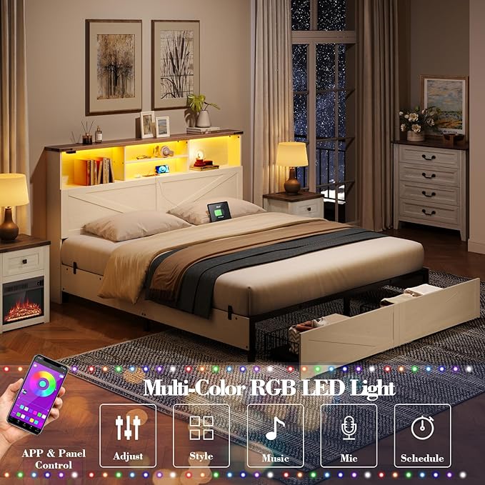 Full Size Bed Frame with Bookshelf, High Headboard with Charging Station and LED Light, Farmhouse Bed with Storage Drawers, No Box Spring Needed, Noise Free, Easy Assembly, Antique White