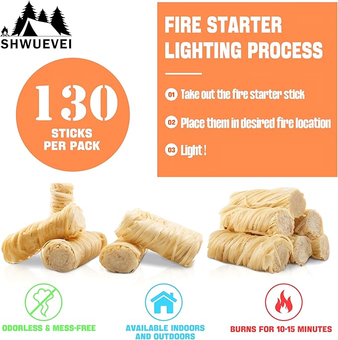 Shwuevei 130 pcs Fire Starter - Natural Fire Starters for Fireplace, Pellet Stove & Wood, Fire Pit, Smoker, BBQ, Chimney, Pizza Oven - Fire Starters for Grill, Charcoal Starter