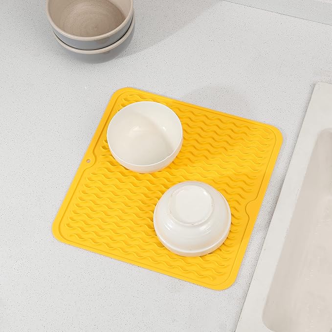 Silicone Dish Drying Mat for Multiple Usage,Easy clean,Eco-friendly,Heat-resistant Silicone Mat for Kitchen Counter or Sink,Refrigerator or Drawer liner Yellow M 12 inches x 12 inches