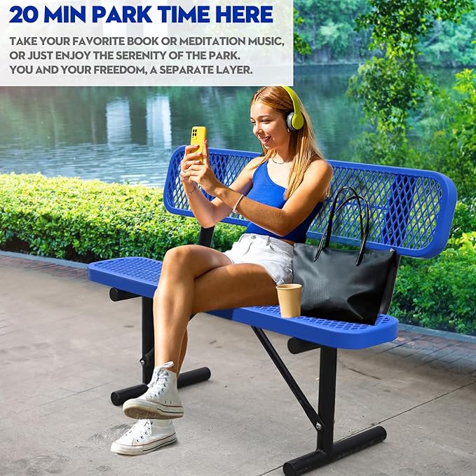 Heavy Duty Park Bench with Back Portable Frame, Outdoor Metal Park Bench with Backrest, Steel Mesh Outdoor Bench for Garden, Lawn, Patio, Porch, Park, Yard (Blue, 48" D x 23.2" W x 32.5" H)