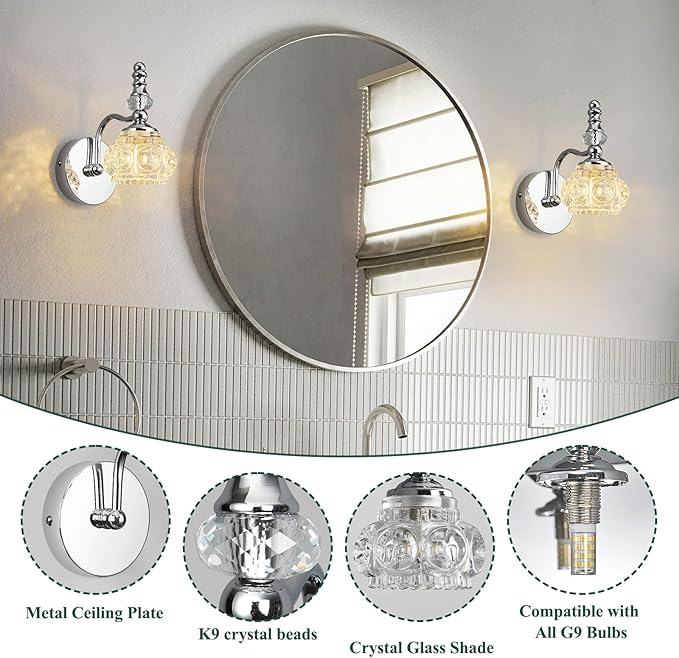 Modern Wall Sconces Set of Two Indoor Lamp Chrome Vintage Glass Light Bathroom Vanity Fixture Wall-Mounted Room Lighting