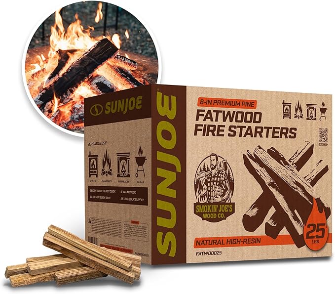 Sun Joe 25-Pound Fatwood Fire Starter Sticks, All-Natural Pine Kindling for Fireplace, Wood Stove, Pit and Grill, Made for Indoor or Outdoor Use