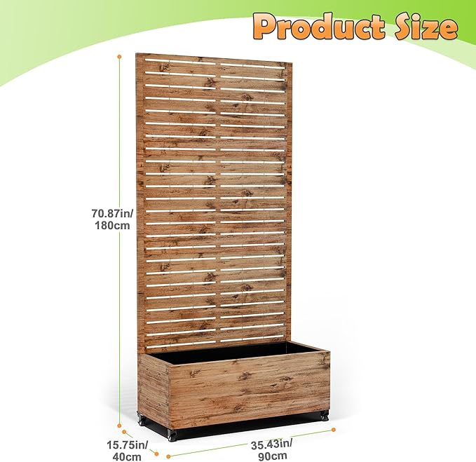 Metal Raised Garden Bed with Trellis, 2-in-1 Planter Box & Privacy Screen for Climbing Plants, Outdoor Standing Flower Bed with Drainage Holes, 35.4" L x 15.7" W x 70.1" H, Natural Wood Grain