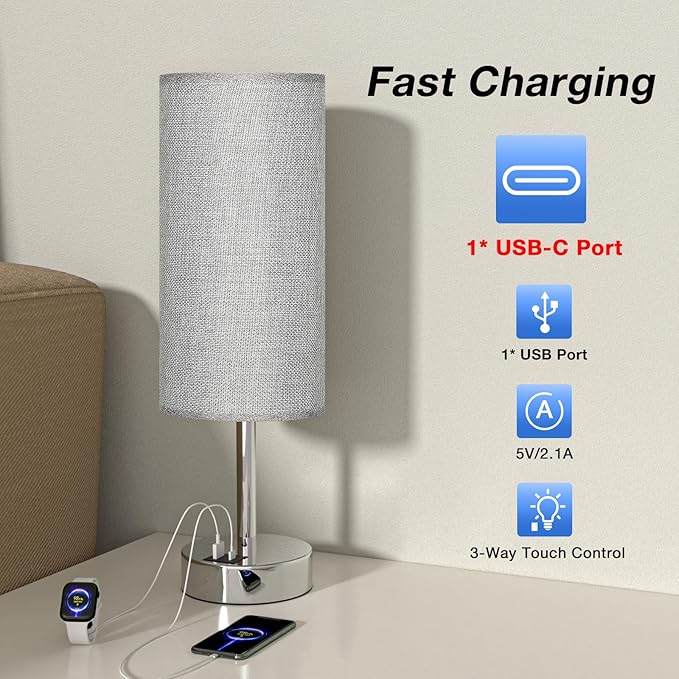 Grey Touch Nightstand Lamps for Girl - Small Bedside Lamp with USB-C and USB Charging Ports, 3 Way Dimmable Control Table Lamp for Living Room Office, Dorm, Reading with Fabric Shade Silver Base