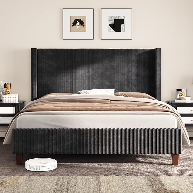 AMERLIFE California King Size Upholstered Bed Frame with 50.8" Tall Headboard, Wingback Platform Bed with Solid Wood Legs, Wooden Slats, Corduroy/No Box Spring Needed/Noise Free/Black