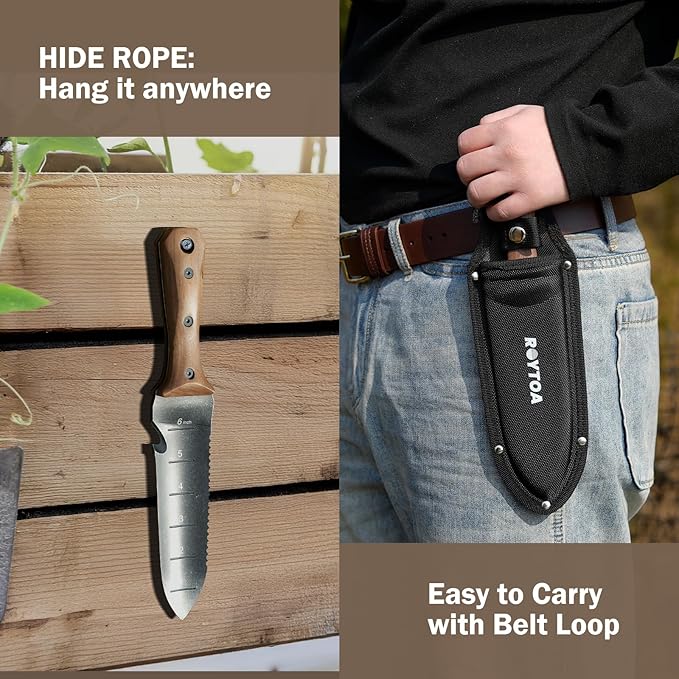 Hori Hori Garden Knife, Garden Tools with Sheath for Weeding,Planting,Digging, 7" Stainless Steel Blade with Cutting Edge, Full-Tang Walnut Wood Handle with Hanging Hole