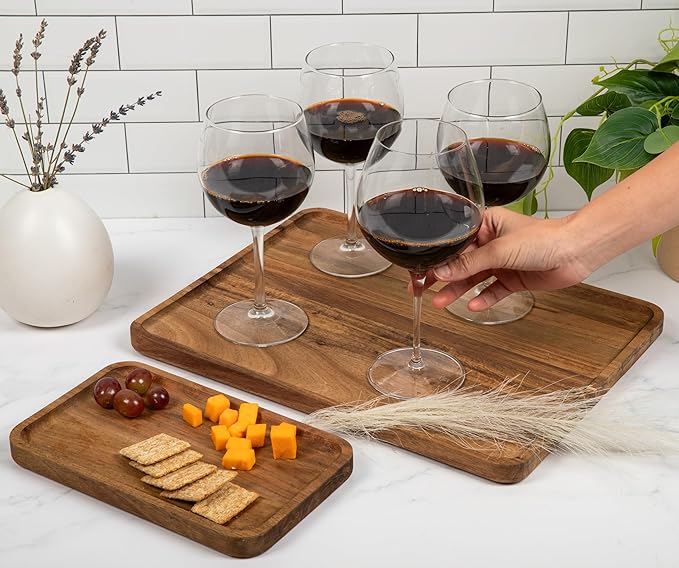 Acacia Rectangle Wooden Tray - 2 Sizes 16" X 12" and 10" X 6" - Food Safe Serving Tray - Large & Small Wooden Trays Combination - Durable Wood Display Tray for Coffee Party or Home Decor