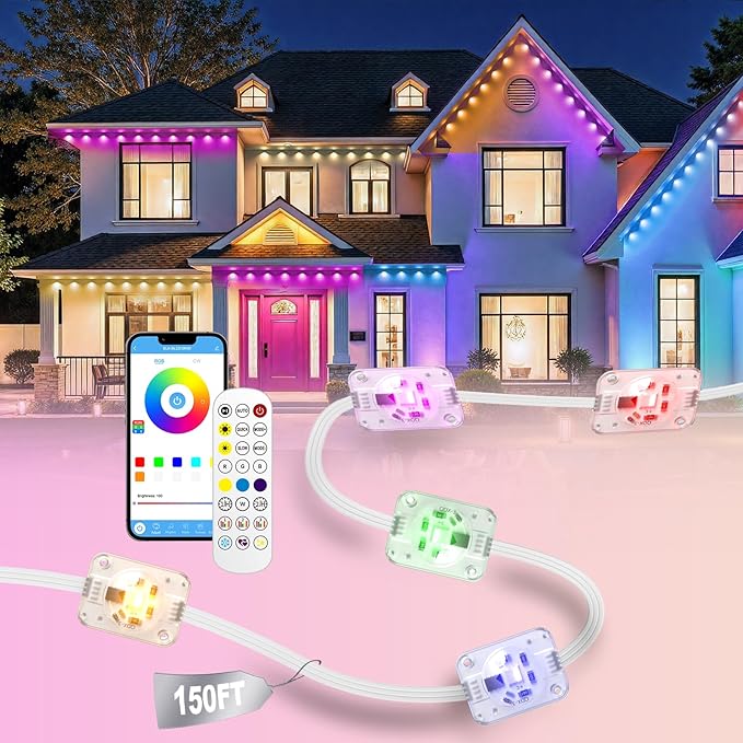 Permanent Outdoor Lights, 150ft RGB+IC Smart LED Eaves Lights, IP67 Waterproof Outdoor Lighting with App/Remote Control for Daily, Christmas, New Year, Halloween, Holiday, Party, Valentine's Day