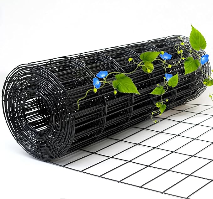 Black Metal Garden Fence, 60inch(H) x 50ft(L), 2 inch x 4 inch,12.5GA 2/3/4/5/6 Ft Tall Chicken Wire PVC Coated Welded Wire Mesh Roll for Dogs Border Yard Vegetable Plant Protection Poultry Netting