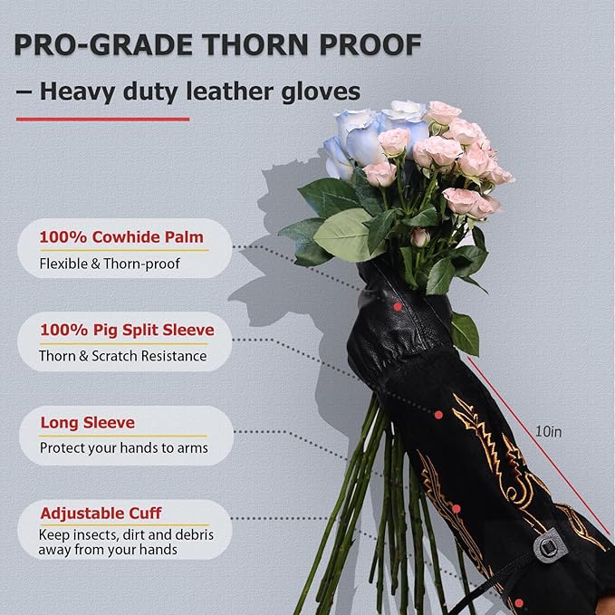 Gardening Gloves Thorn Proof for Rose Pruning & Cactus Trimming, Cowboy Long Leather Garden Gloves for Women & Men (Western Style, Small)