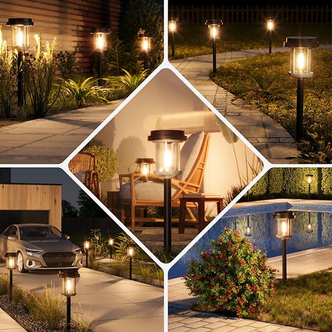 XMCOSY+ Solar Pathway Lights Outdoor, 20 LM LED Solar Garden Lights Seeded Glass, Waterproof IP65 Metal Outdoor Solar Lights for Yard Path Lawn Walkway Driveway Backyard (‎Black & Grey)