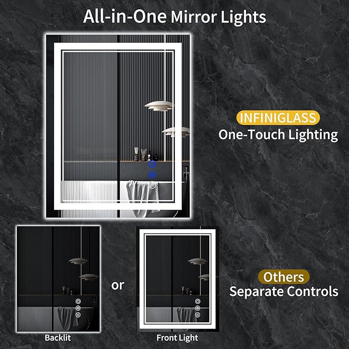 36"x30" LED Bathroom Mirror with Anti-Fog, Stepless Dimmable Lights, 3 Color Modes, Shatter-Proof Tempered Glass,Waterproof Design