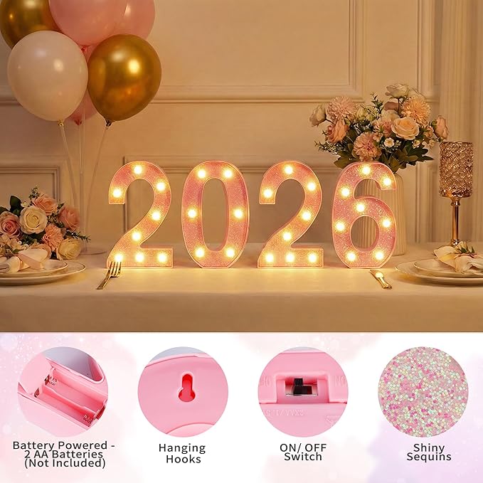 Pink Light Up Marquee Numbers, Glitter LED Number Lights Sign Battery Operated for Girls 6th Pink Birthday Party Table Decorations, 2026 Graduation Decor, 8 Inch Number 6 with Warm White Lights