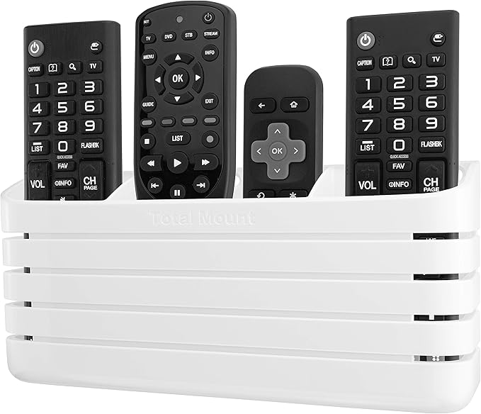TotalMount Hole-Free Remote Holder – Eliminates The Need to Drill Holes in Your Wall (Premium White – Modern Design for 3 or 4 Remote Controls)