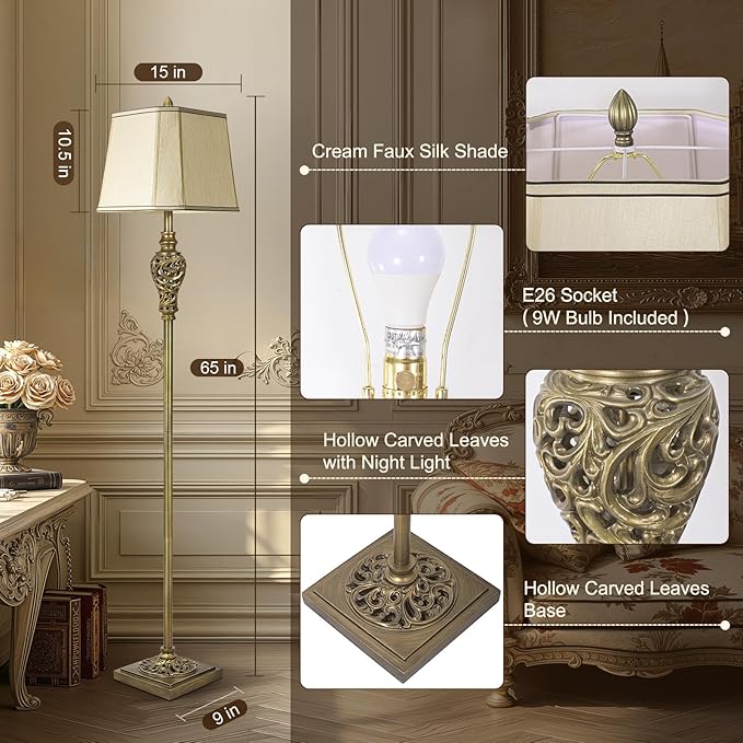 Vintage Floor Lamp for Living Room, 65" Tall Lamp with Nightlight and Beige Faux Silk Shade, Farmhouse Standing Lamp for Bedroom, Office Corner, or Study, Elegant Rustic Home Decor (LED Bulb Included)