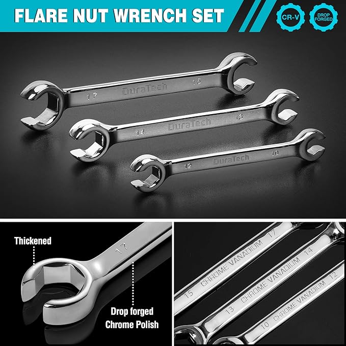 DURATECH Flare Nut Wrench Set, Metric, 3-piece, 10, 12, 13, 14, 15, 17mm, CR-V Steel, Organizer Pouch Included