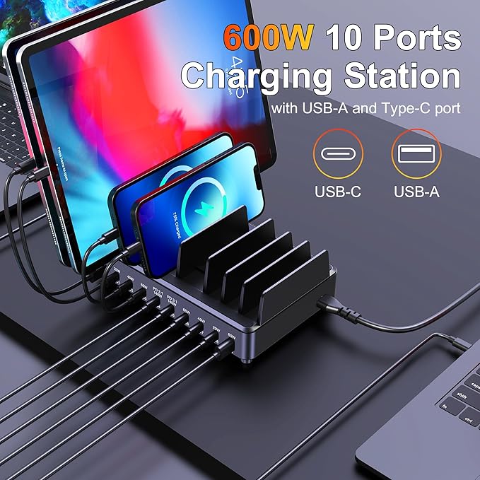 Aftertop 600W USB C Charging Station for Multiple Devices, 10 Ports PD3.1 140W PPS 45W QC60W Fast Charging Block for MacBook Pro Laptop, iPad, iPhone 16 15 Pro Max, Galaxy S24/S23 Ultra etc