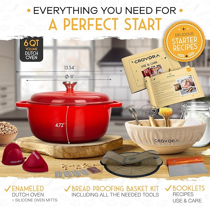 6 QT Enameled Cast Iron Dutch Oven for Bread Baking with Lid - Incl. Sourdough Bread Baking Supplies like Banneton Bread Proofing Basket, Cast Iron Bread Oven, Bread Pan, bread making tools